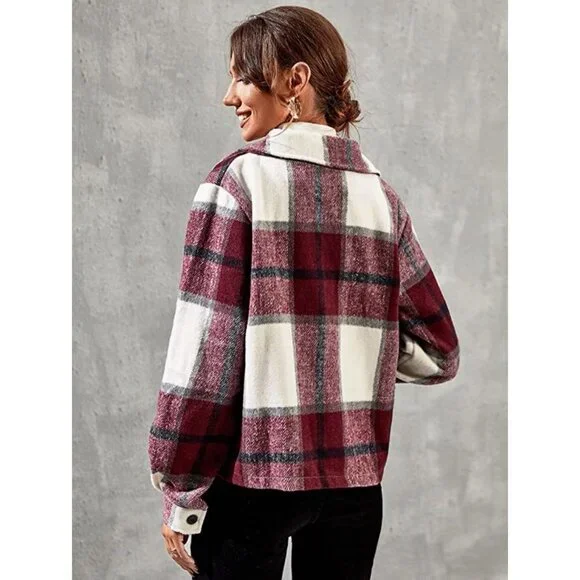 Red Plaid Print Button‎ Down Cropped Flannel Cropped Bomber Jacket Shacket